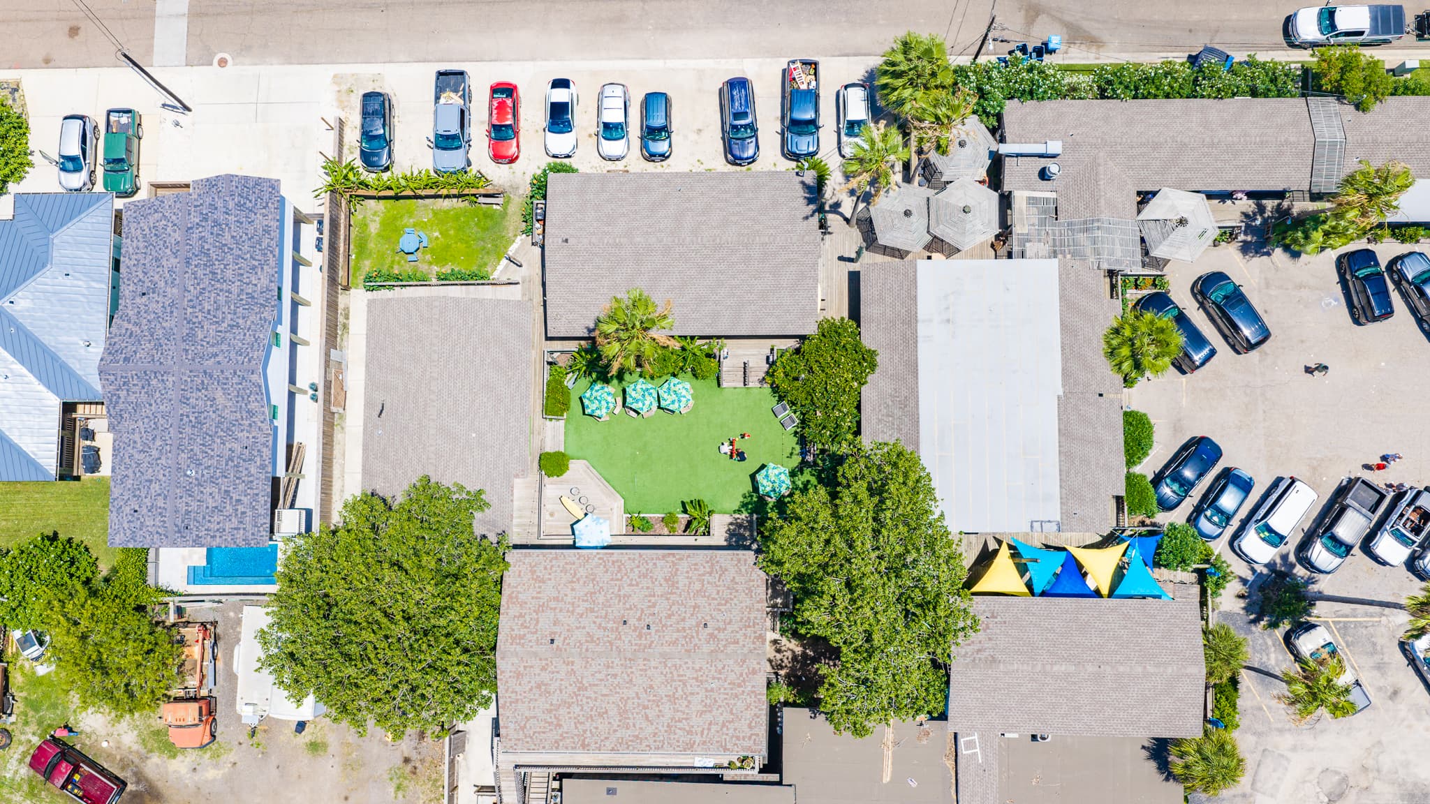 Aerial view of Port Aransas, Texas — town, beach, and Gulf coastline